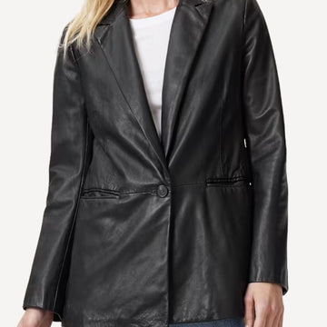 Women’s black leather blazer jacket with modern tailored fit.