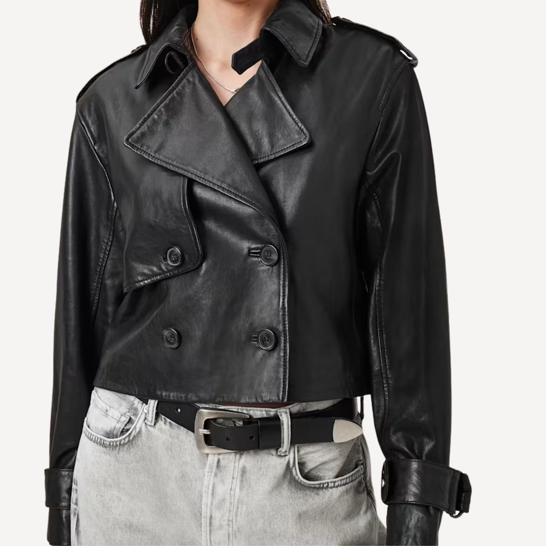 Women's cropped black leather trench jacket with double breasted closure