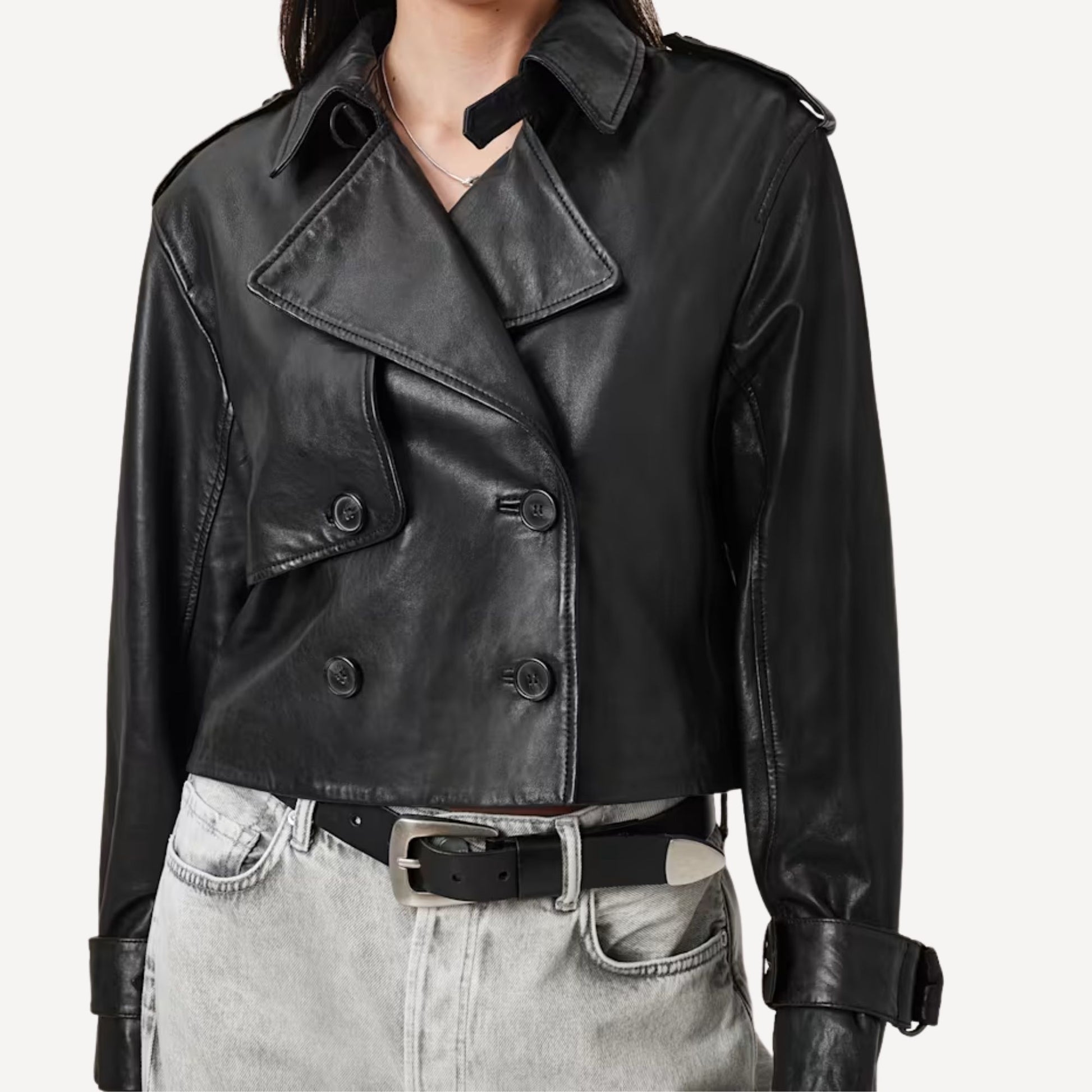 Close-up of double breasted buttons on cropped black leather trench jacket