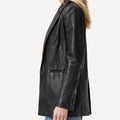Custom women’s black leather blazer coat in premium leather.
