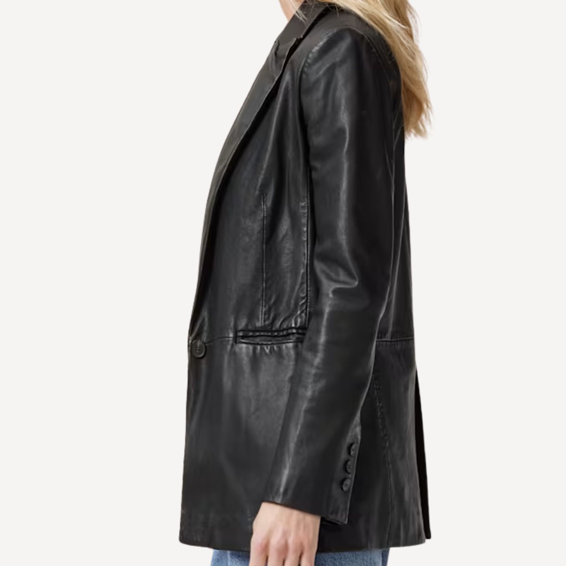 Custom women’s black leather blazer coat in premium leather.