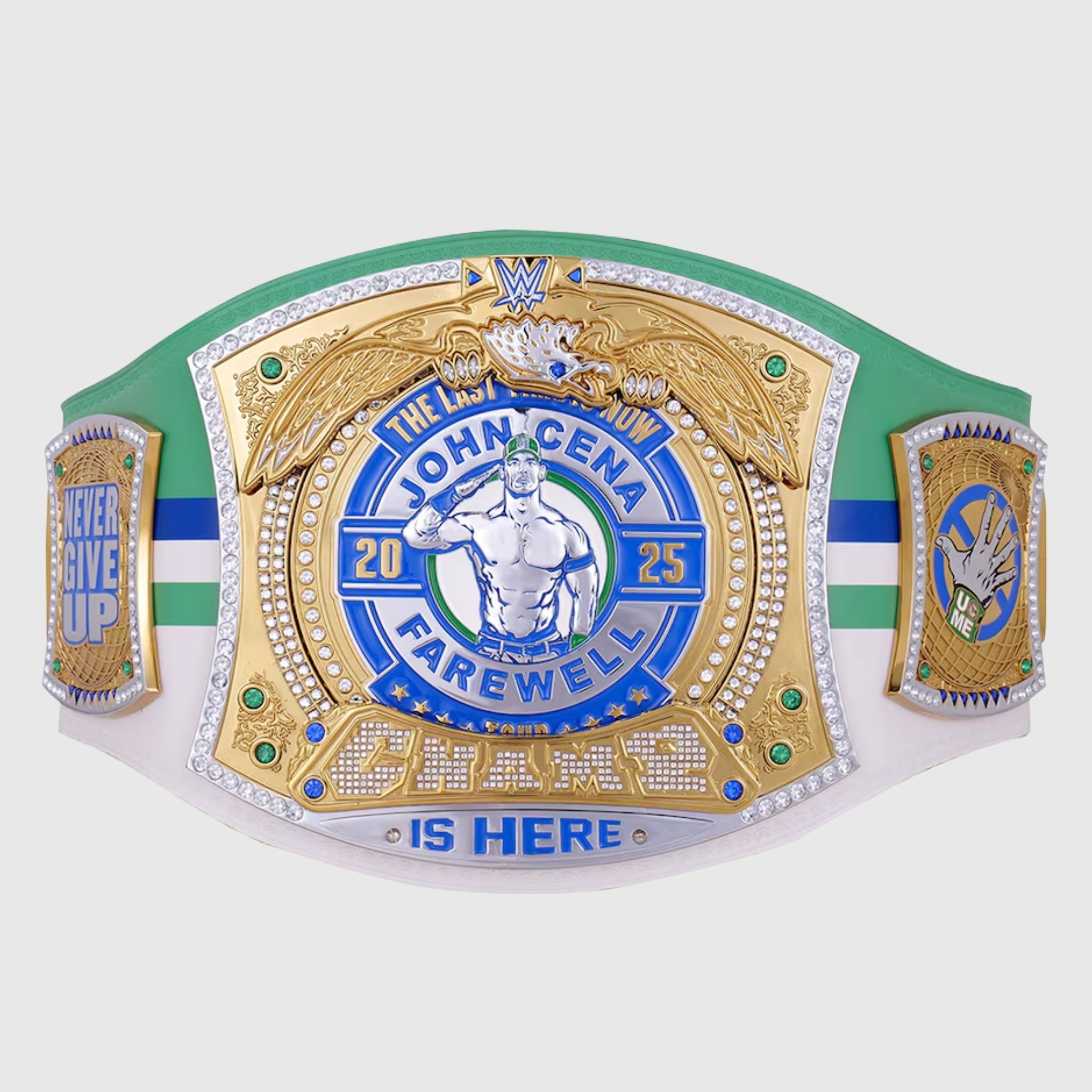 Authentic WWE John Cena Dallas Spinner Belt crafted with intricate engravings and polished metal.