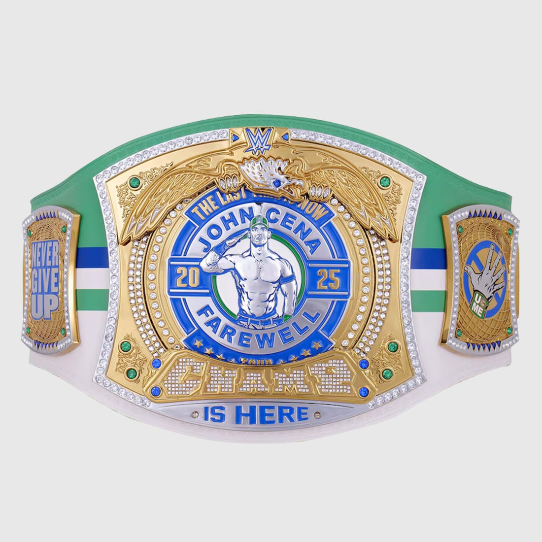 Authentic WWE John Cena Dallas Spinner Belt crafted with intricate engravings and polished metal.
