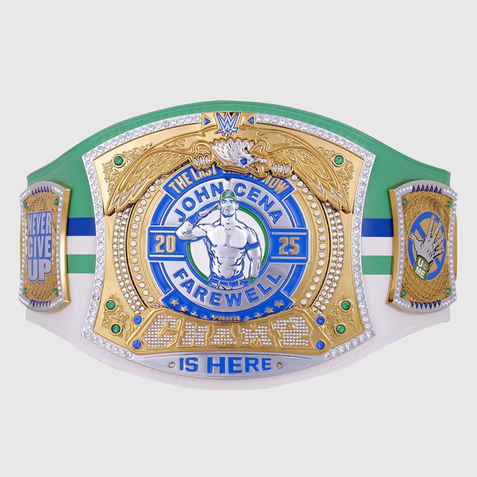 Authentic WWE John Cena Dallas Spinner Belt crafted with intricate engravings and polished metal.