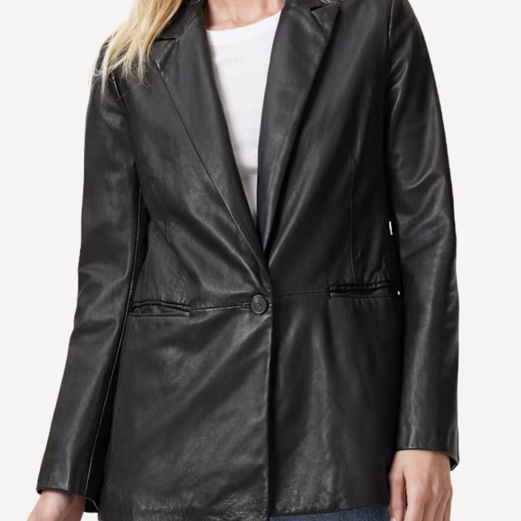 Women’s black leather blazer jacket with modern tailored fit.