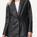Women’s black leather blazer jacket with modern tailored fit.