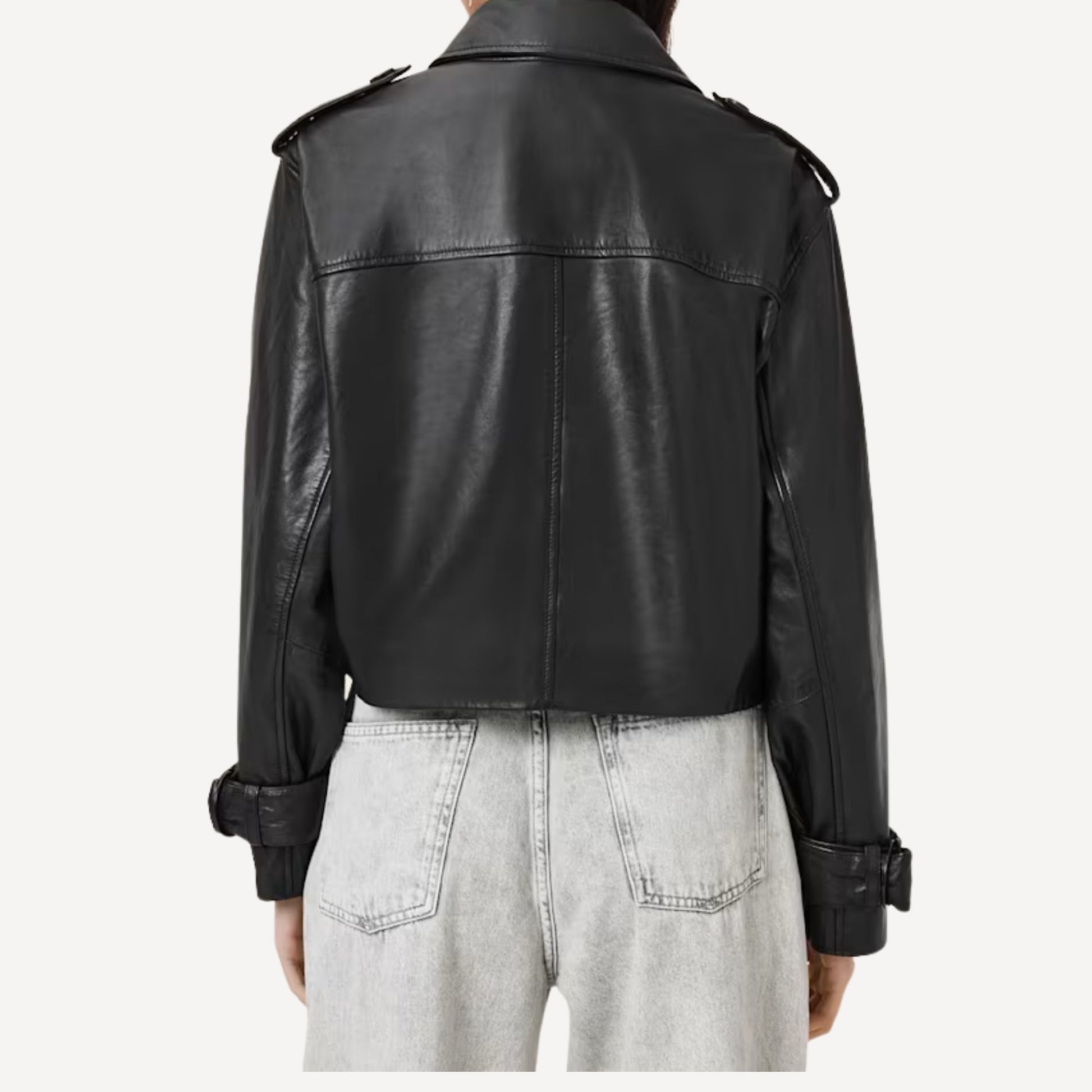 Modern cropped black leather trench jacket for ladies with timeless design