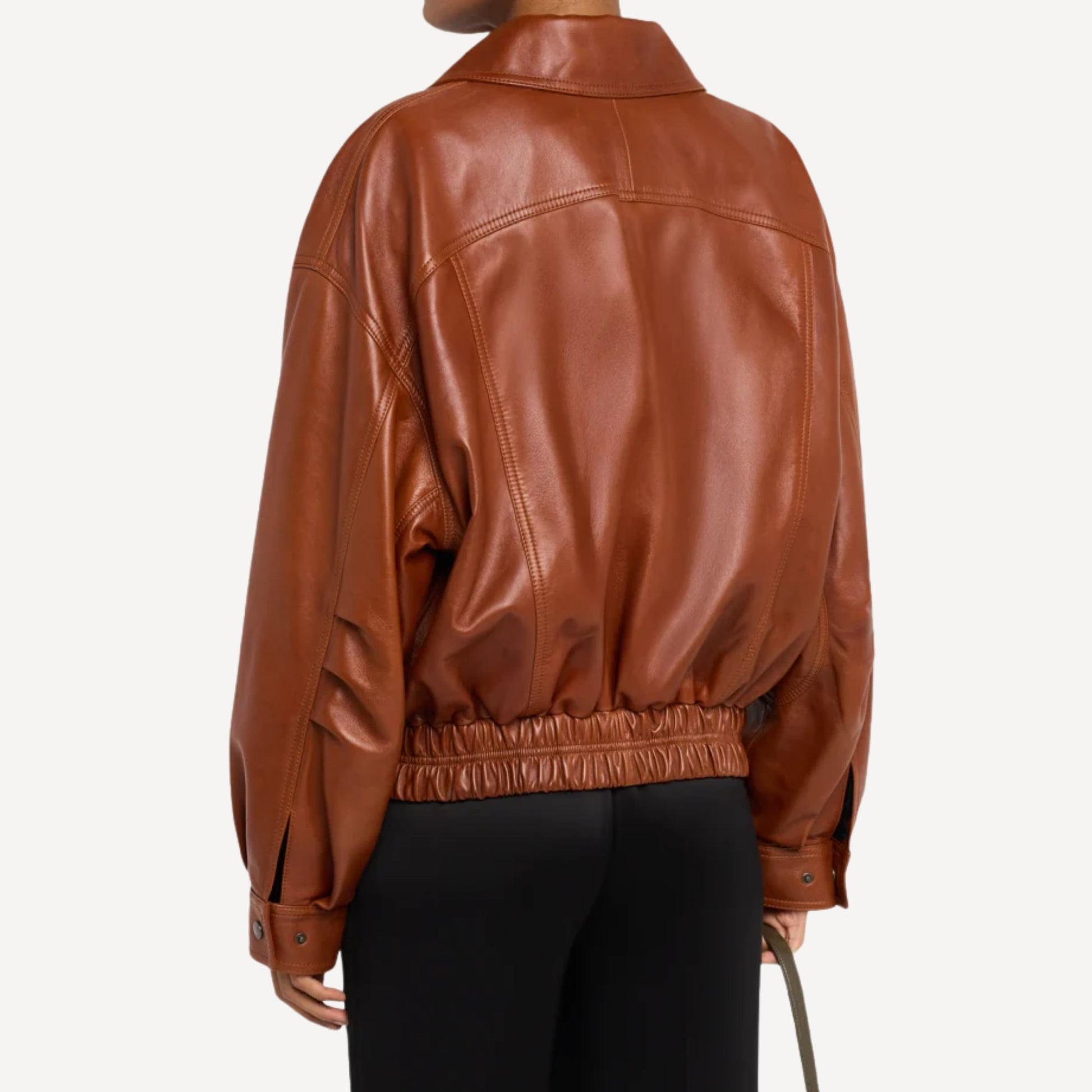 Vintage-style brown leather jacket for women in oversized design