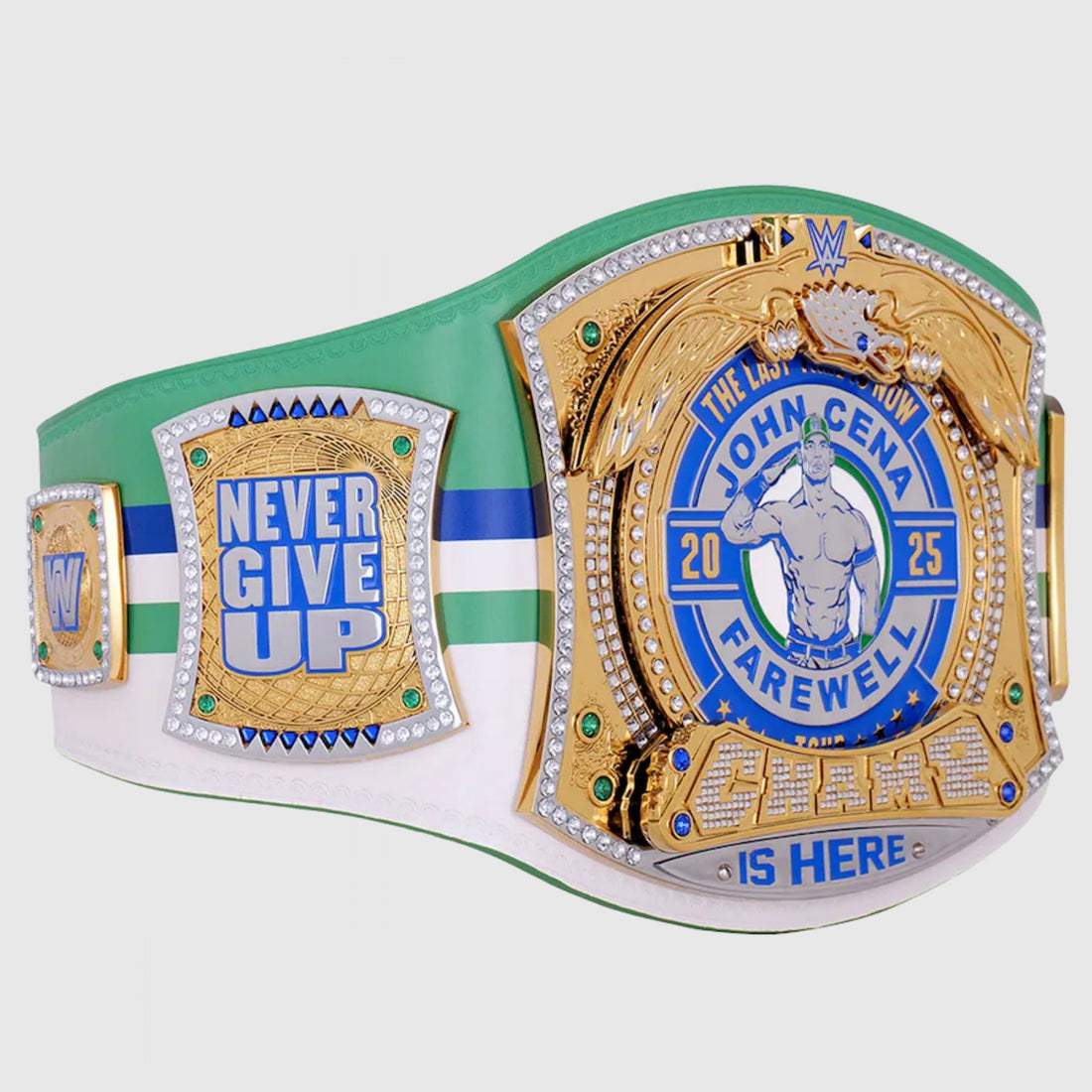 Authentic WWE John Cena Dallas Spinner Belt crafted with intricate engravings and polished metal.