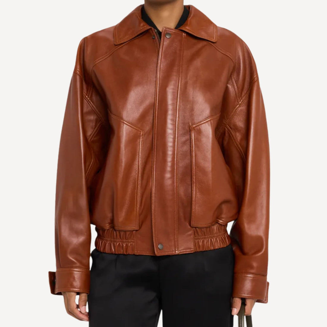 Classic women’s oversized brown leather jacket with vintage look and modern fit