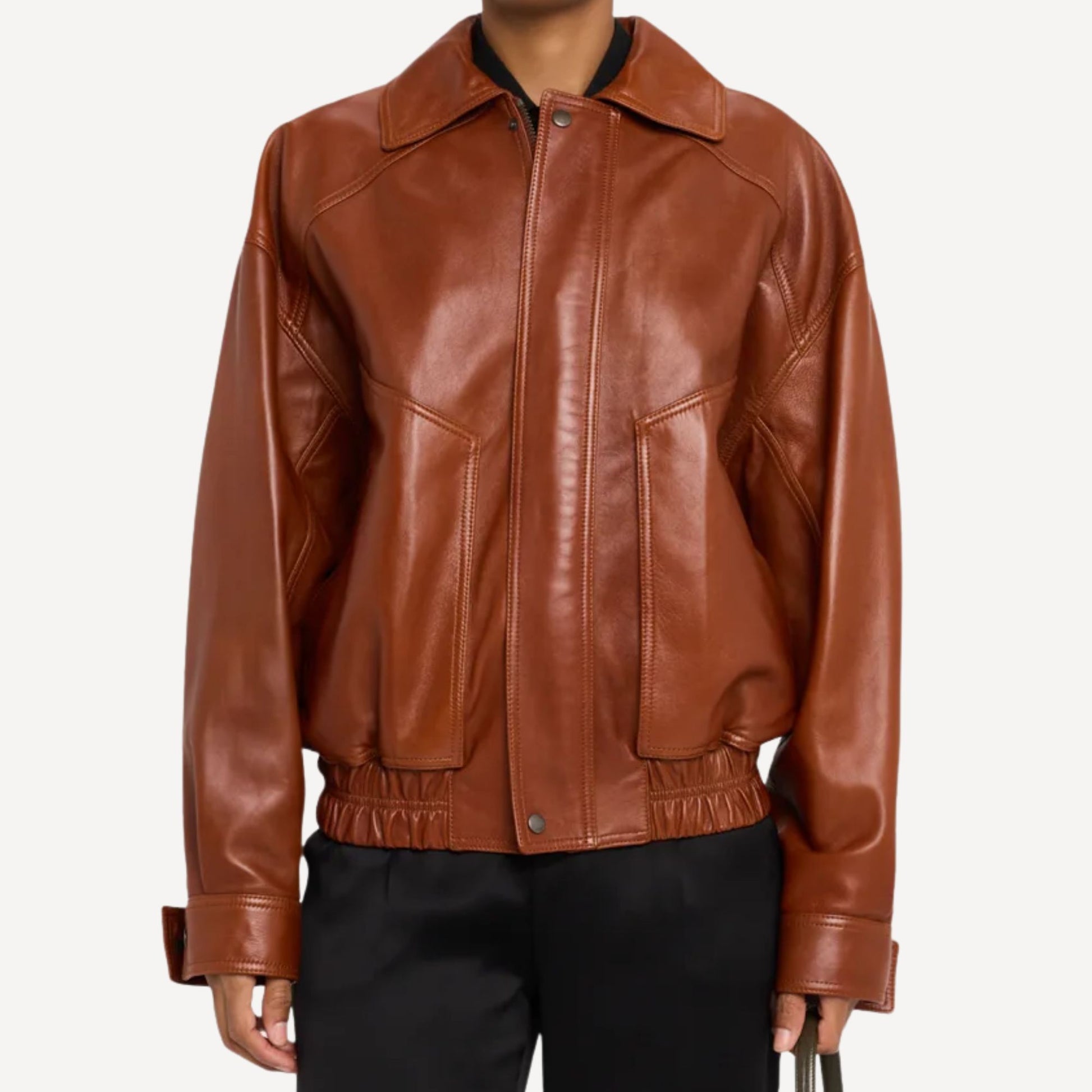 Women’s oversized brown leather jacket with relaxed modern fit