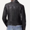 Elegant cropped leather coat with stylish lapel collar.