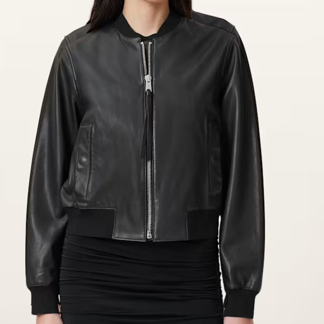 Ladies black leather bomber jacket for fashion and street style.