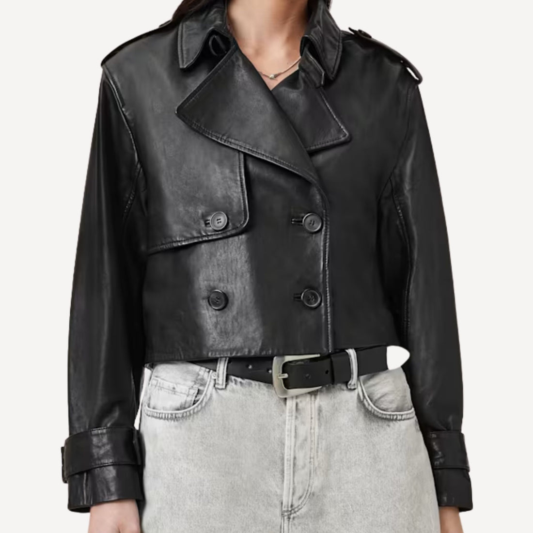Women's cropped black leather trench jacket with double breasted closure