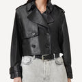 Women's cropped black leather trench jacket with double breasted closure