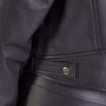 women's oversized leather biker jacket, showing seam details and relaxed fit
