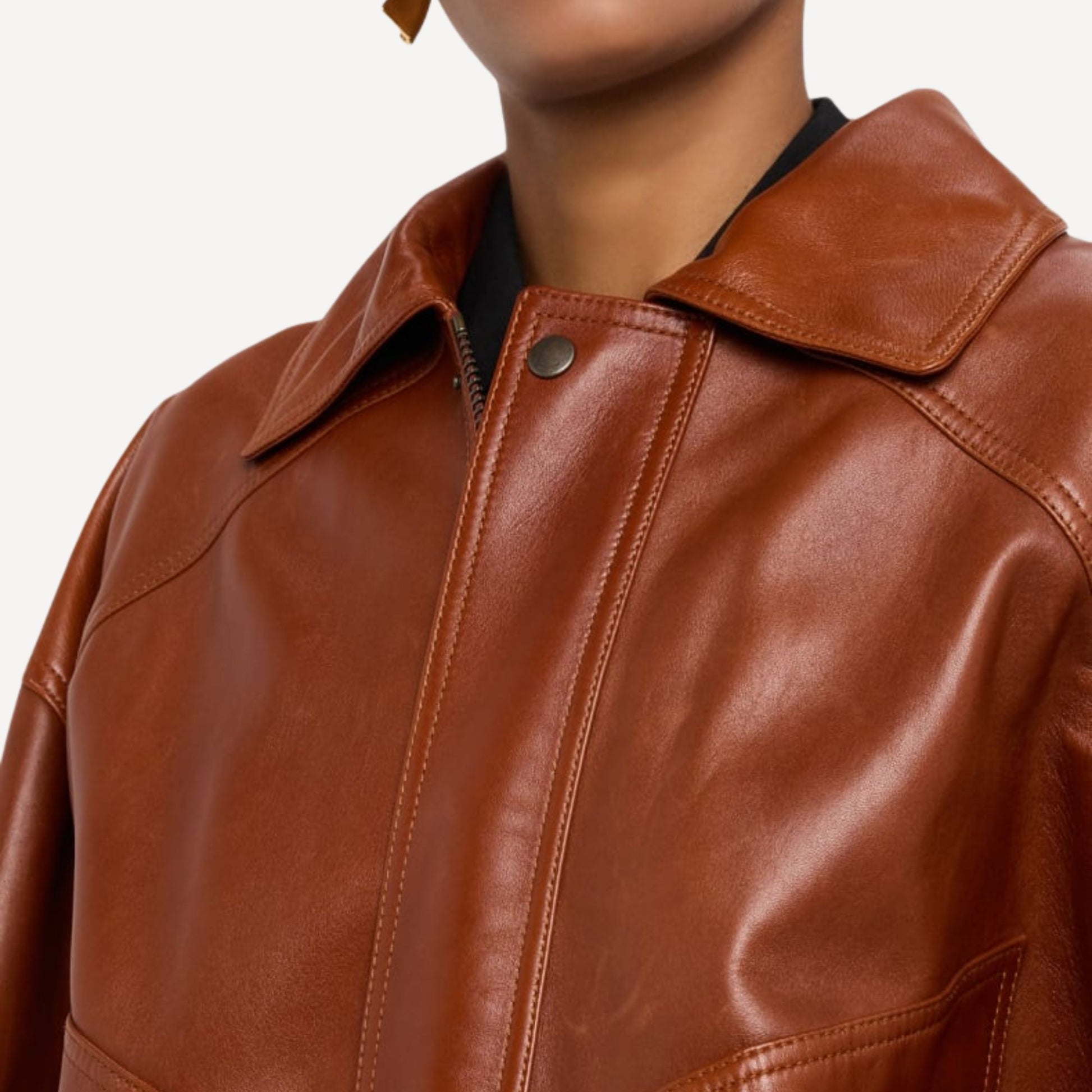 Premium brown leather jacket for women with modern oversized fit